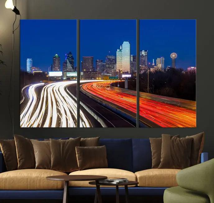 A gallery-wrapped triptych wall art, titled "Dallas City Street Lights Night Skyline Cityscape View Wall Art Canvas Print," is crafted from museum-quality canvas and ensures elegance and convenience for your space. It comes complete with free shipping.