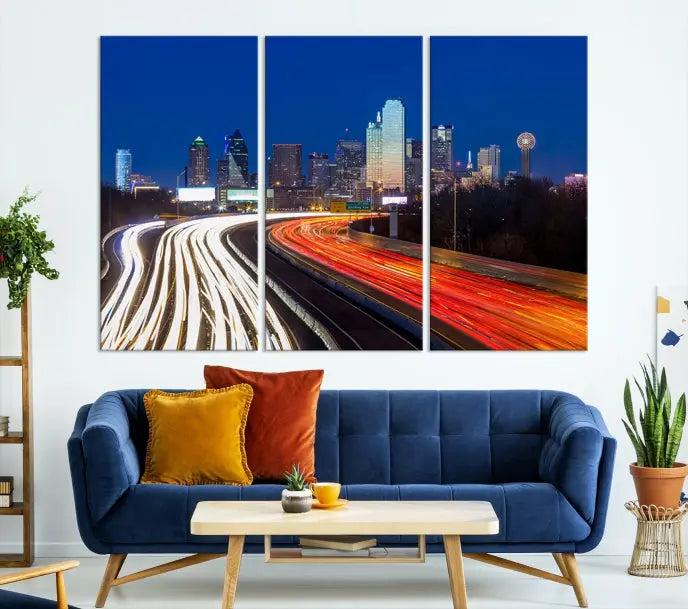 A gallery-wrapped triptych wall art, titled "Dallas City Street Lights Night Skyline Cityscape View Wall Art Canvas Print," is crafted from museum-quality canvas and ensures elegance and convenience for your space. It comes complete with free shipping.