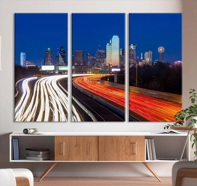 A gallery-wrapped triptych wall art, titled "Dallas City Street Lights Night Skyline Cityscape View Wall Art Canvas Print," is crafted from museum-quality canvas and ensures elegance and convenience for your space. It comes complete with free shipping.