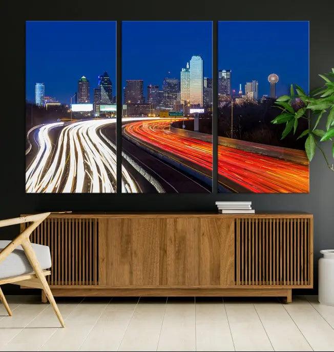 Dallas City Street Lights Night Skyline Cityscape View Wall Art Canvas Print 