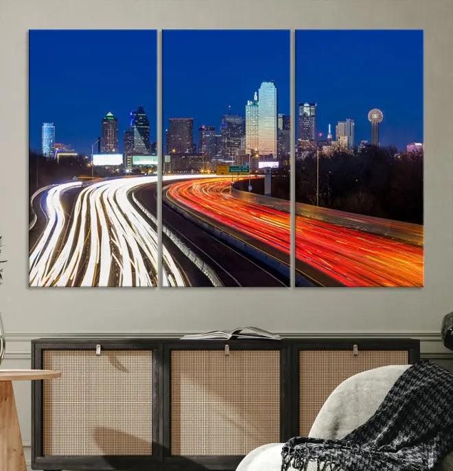 Dallas City Street Lights Night Skyline Cityscape View Wall Art Canvas Print 