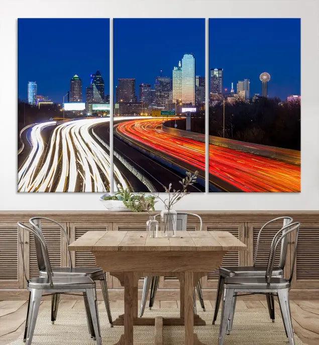 A gallery-wrapped triptych wall art, titled "Dallas City Street Lights Night Skyline Cityscape View Wall Art Canvas Print," is crafted from museum-quality canvas and ensures elegance and convenience for your space. It comes complete with free shipping.