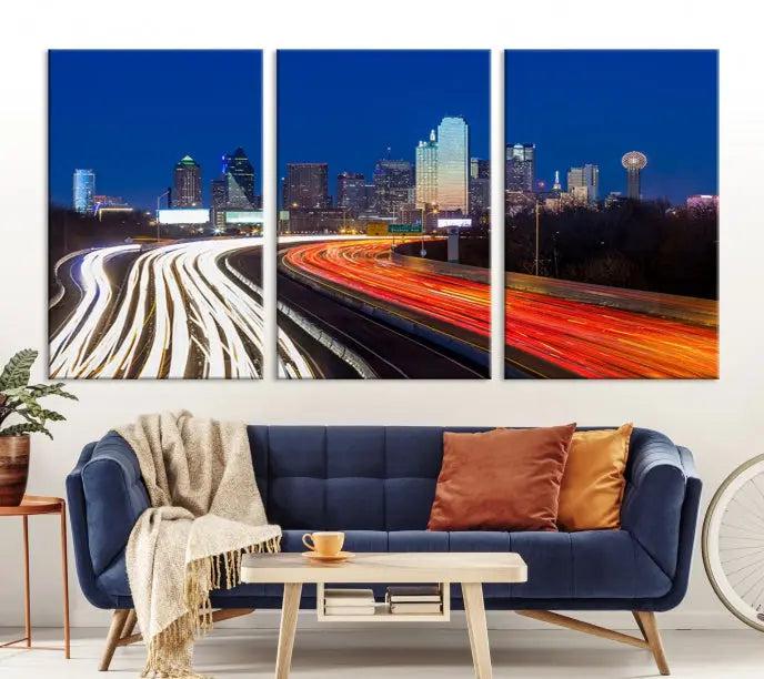 A gallery-wrapped triptych wall art, titled "Dallas City Street Lights Night Skyline Cityscape View Wall Art Canvas Print," is crafted from museum-quality canvas and ensures elegance and convenience for your space. It comes complete with free shipping.