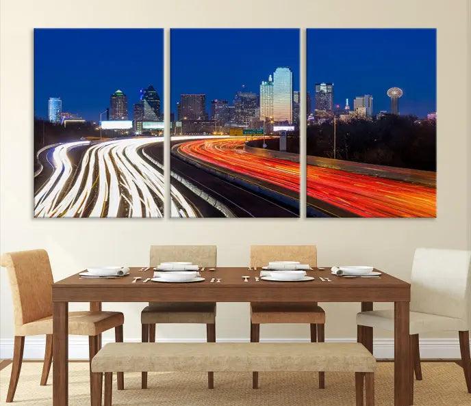 A gallery-wrapped triptych wall art, titled "Dallas City Street Lights Night Skyline Cityscape View Wall Art Canvas Print," is crafted from museum-quality canvas and ensures elegance and convenience for your space. It comes complete with free shipping.