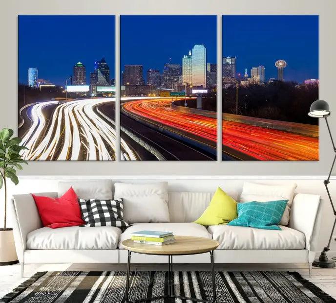 A gallery-wrapped triptych wall art, titled "Dallas City Street Lights Night Skyline Cityscape View Wall Art Canvas Print," is crafted from museum-quality canvas and ensures elegance and convenience for your space. It comes complete with free shipping.