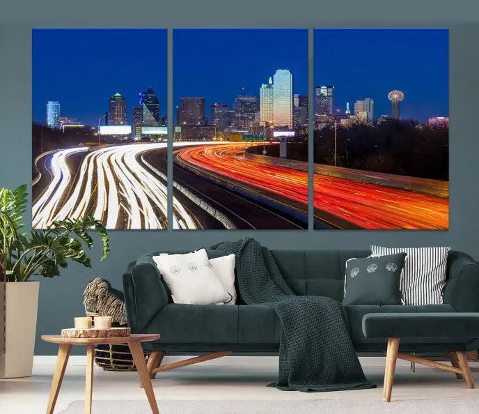 Dallas City Street Lights Night Skyline Cityscape View Wall Art Canvas Print 