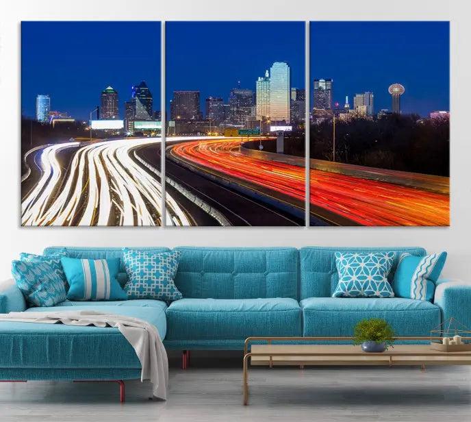 Dallas City Street Lights Night Skyline Cityscape View Wall Art Canvas Print 