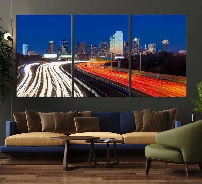 Dallas City Street Lights Night Skyline Cityscape View Wall Art Canvas Print 