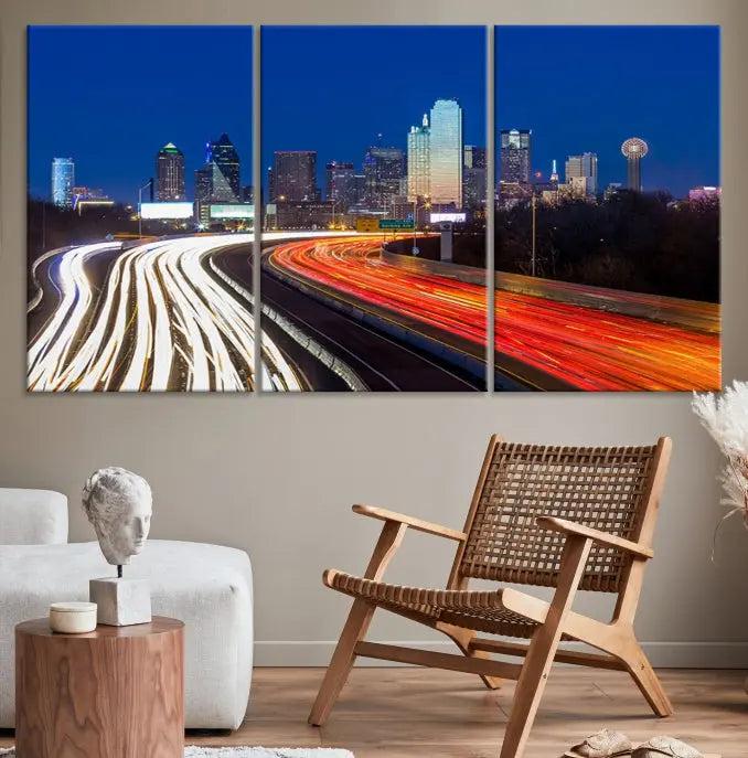 Dallas City Street Lights Night Skyline Cityscape View Wall Art Canvas Print 