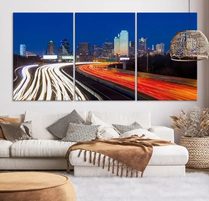 Dallas City Street Lights Night Skyline Cityscape View Wall Art Canvas Print 