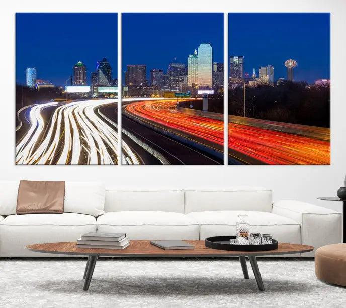 Dallas City Street Lights Night Skyline Cityscape View Wall Art Canvas Print 