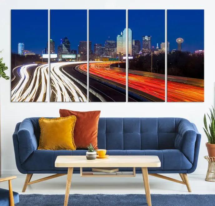 Dallas City Street Lights Night Skyline Cityscape View Wall Art Canvas Print 