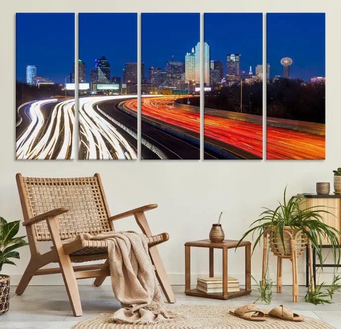 Dallas City Street Lights Night Skyline Cityscape View Wall Art Canvas Print 