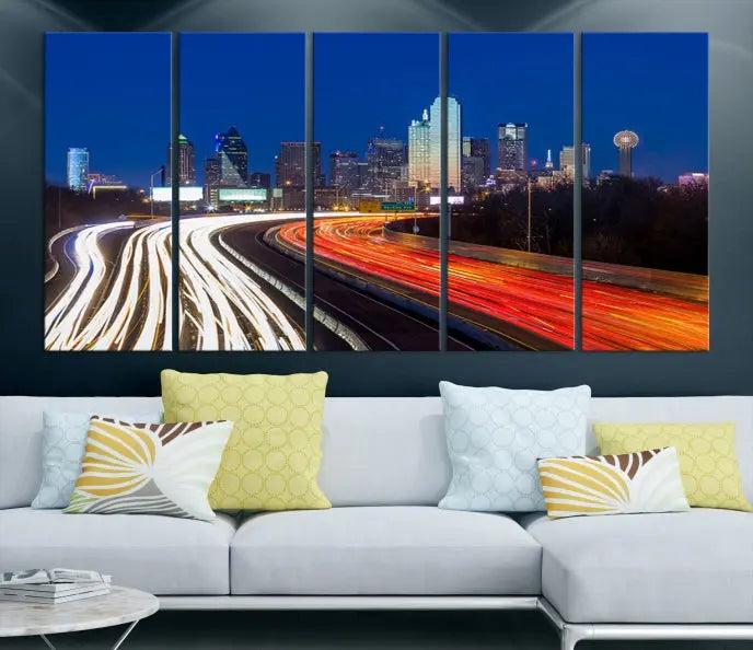 Dallas City Street Lights Night Skyline Cityscape View Wall Art Canvas Print 