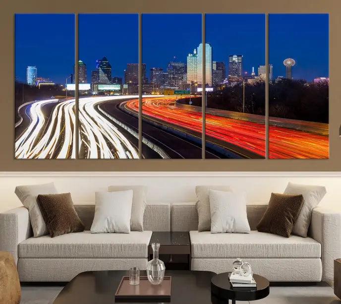 Dallas City Street Lights Night Skyline Cityscape View Wall Art Canvas Print 