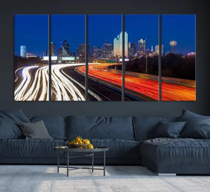 Dallas City Street Lights Night Skyline Cityscape View Wall Art Canvas Print 