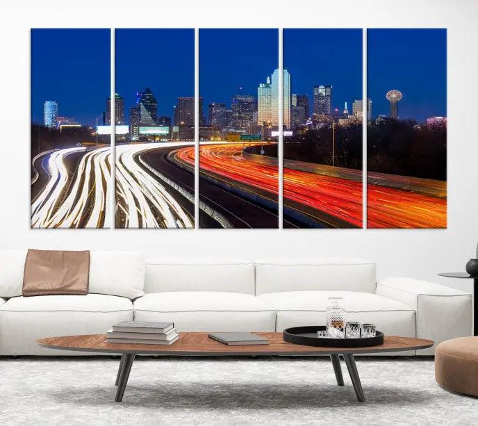 Dallas City Street Lights Night Skyline Cityscape View Wall Art Canvas Print 