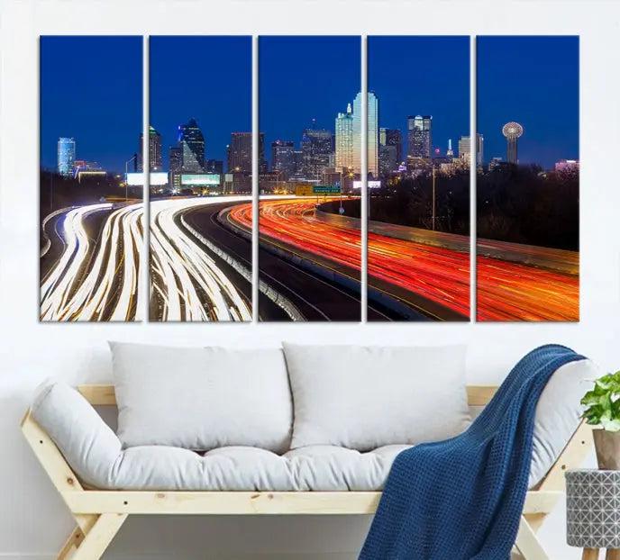 Dallas City Street Lights Night Skyline Cityscape View Wall Art Canvas Print 