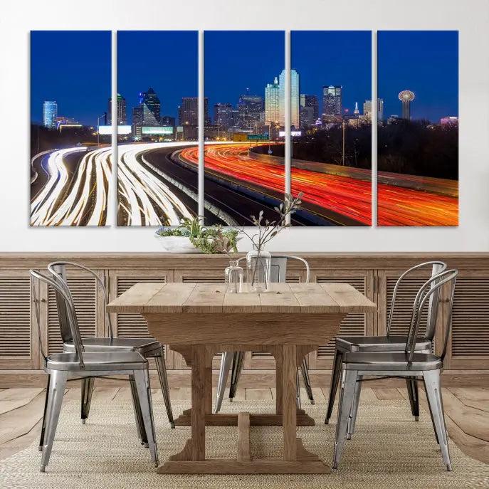 Dallas City Street Lights Night Skyline Cityscape View Wall Art Canvas Print 