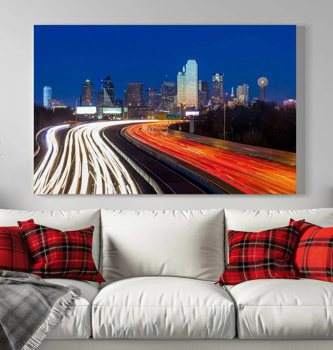 Product Name: Dallas City Street Lights Night Skyline Cityscape View Wall Art Canvas Print

Description: Immerse yourself in the vibrant cityscape of Dallas with this three-panel wall art, showcasing the nighttime skyline and car light trails on a highway. Crafted on museum-quality canvas with an exquisite UV-protective coating, this piece comes ready to hang.