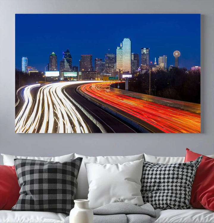 Product Name: Dallas City Street Lights Night Skyline Cityscape View Wall Art Canvas Print

Description: Immerse yourself in the vibrant cityscape of Dallas with this three-panel wall art, showcasing the nighttime skyline and car light trails on a highway. Crafted on museum-quality canvas with an exquisite UV-protective coating, this piece comes ready to hang.