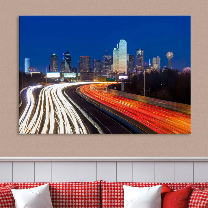 Product Name: Dallas City Street Lights Night Skyline Cityscape View Wall Art Canvas Print

Description: Immerse yourself in the vibrant cityscape of Dallas with this three-panel wall art, showcasing the nighttime skyline and car light trails on a highway. Crafted on museum-quality canvas with an exquisite UV-protective coating, this piece comes ready to hang.