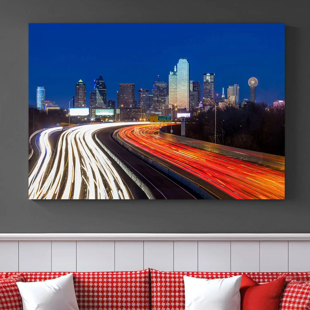 Product Name: Dallas City Street Lights Night Skyline Cityscape View Wall Art Canvas Print

Description: Immerse yourself in the vibrant cityscape of Dallas with this three-panel wall art, showcasing the nighttime skyline and car light trails on a highway. Crafted on museum-quality canvas with an exquisite UV-protective coating, this piece comes ready to hang.