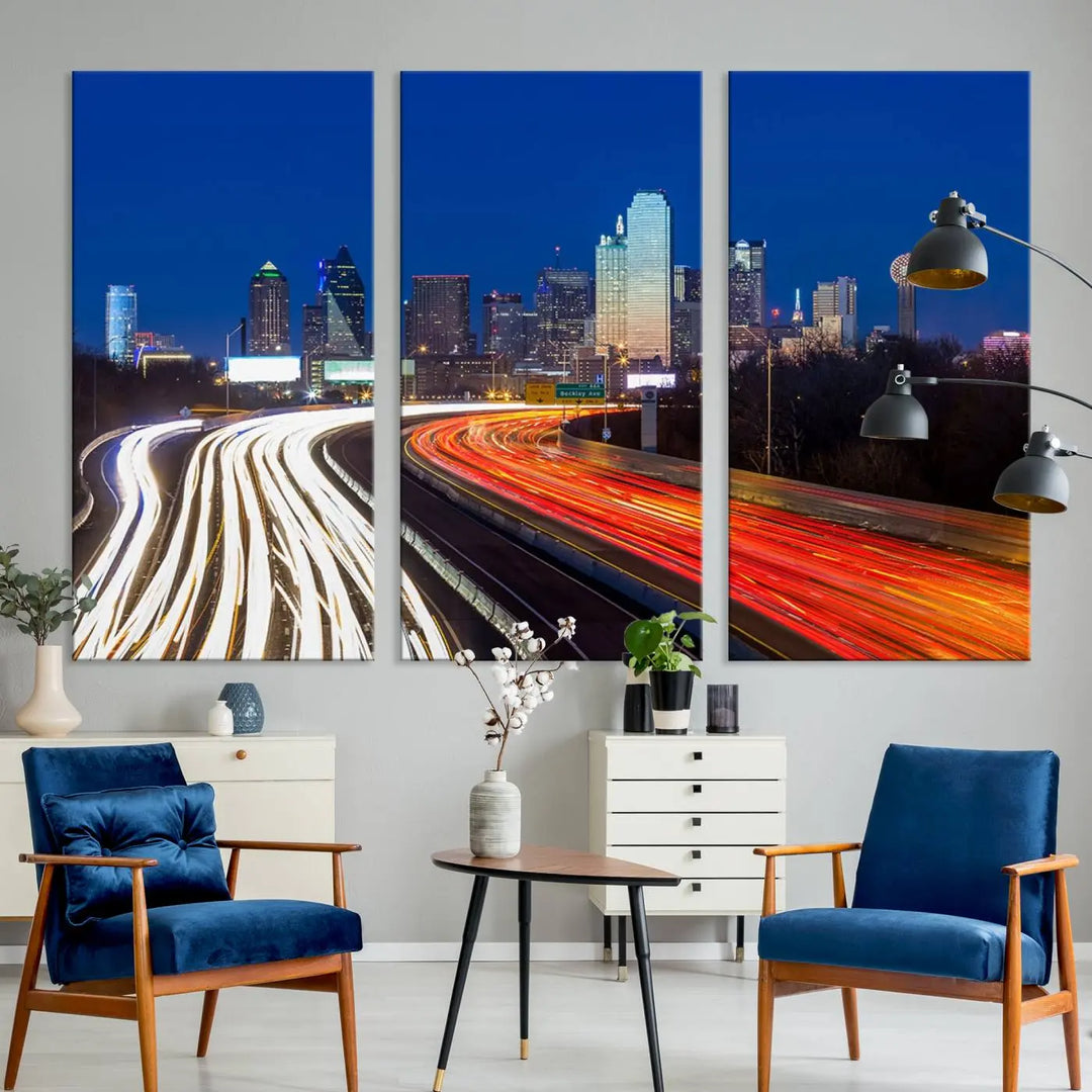 Product Name: Dallas City Street Lights Night Skyline Cityscape View Wall Art Canvas Print

Description: Immerse yourself in the vibrant cityscape of Dallas with this three-panel wall art, showcasing the nighttime skyline and car light trails on a highway. Crafted on museum-quality canvas with an exquisite UV-protective coating, this piece comes ready to hang.