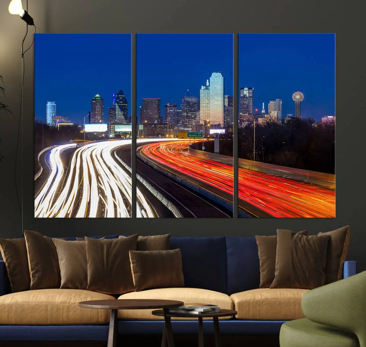 Product Name: Dallas City Street Lights Night Skyline Cityscape View Wall Art Canvas Print

Description: Immerse yourself in the vibrant cityscape of Dallas with this three-panel wall art, showcasing the nighttime skyline and car light trails on a highway. Crafted on museum-quality canvas with an exquisite UV-protective coating, this piece comes ready to hang.