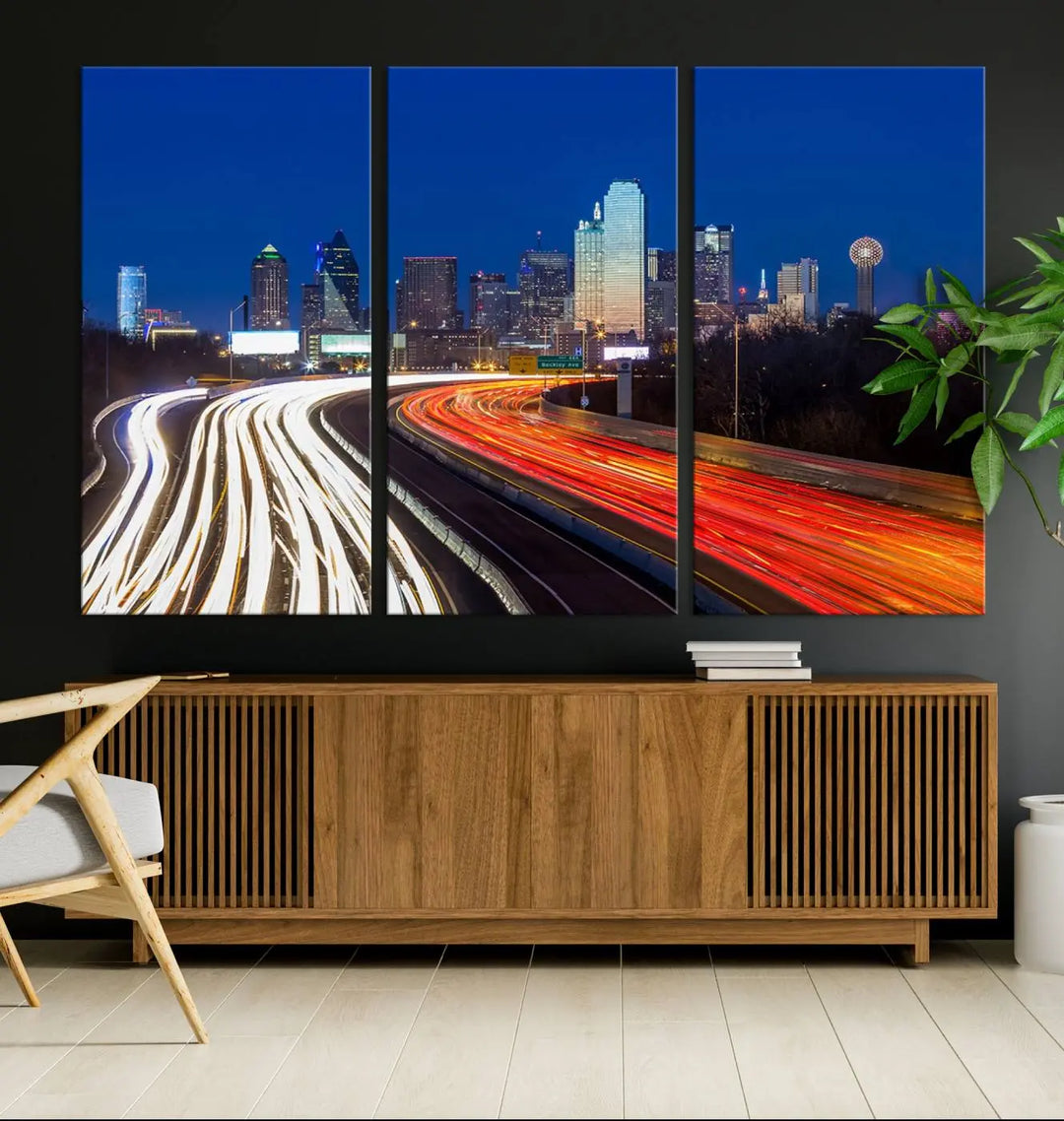 Product Name: Dallas City Street Lights Night Skyline Cityscape View Wall Art Canvas Print

Description: Immerse yourself in the vibrant cityscape of Dallas with this three-panel wall art, showcasing the nighttime skyline and car light trails on a highway. Crafted on museum-quality canvas with an exquisite UV-protective coating, this piece comes ready to hang.