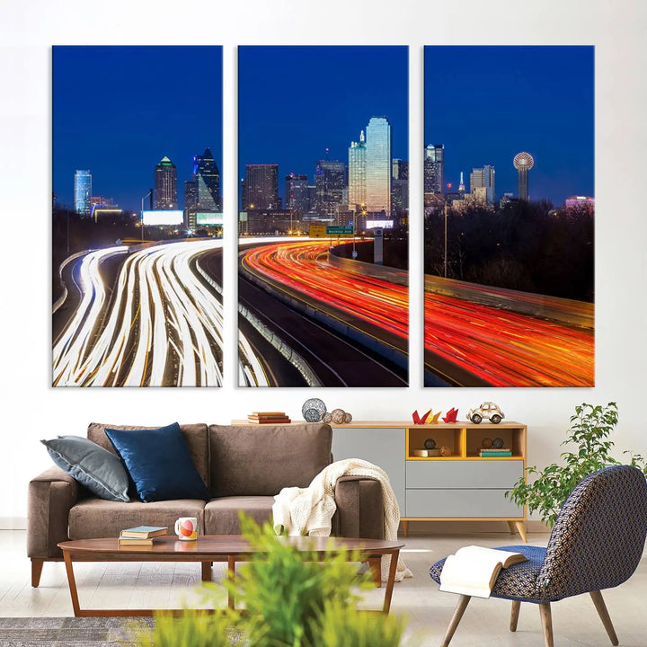 Product Name: Dallas City Street Lights Night Skyline Cityscape View Wall Art Canvas Print

Description: Immerse yourself in the vibrant cityscape of Dallas with this three-panel wall art, showcasing the nighttime skyline and car light trails on a highway. Crafted on museum-quality canvas with an exquisite UV-protective coating, this piece comes ready to hang.