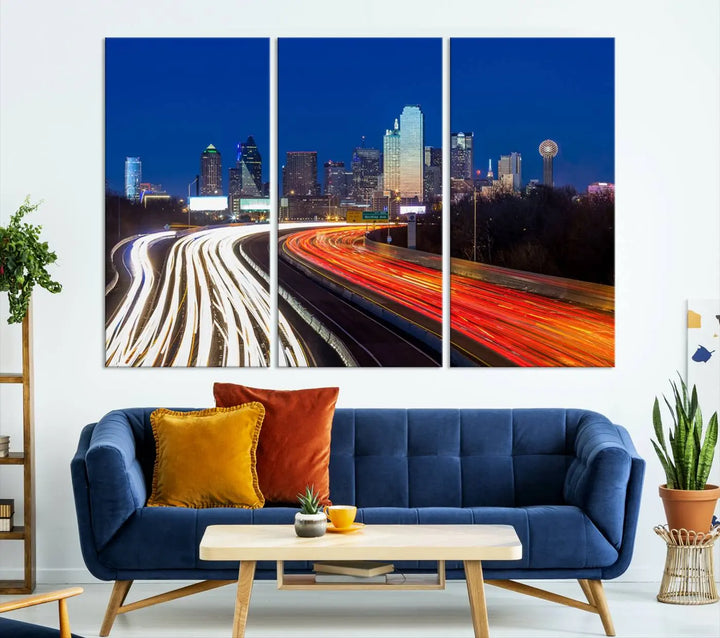 Product Name: Dallas City Street Lights Night Skyline Cityscape View Wall Art Canvas Print

Description: Immerse yourself in the vibrant cityscape of Dallas with this three-panel wall art, showcasing the nighttime skyline and car light trails on a highway. Crafted on museum-quality canvas with an exquisite UV-protective coating, this piece comes ready to hang.