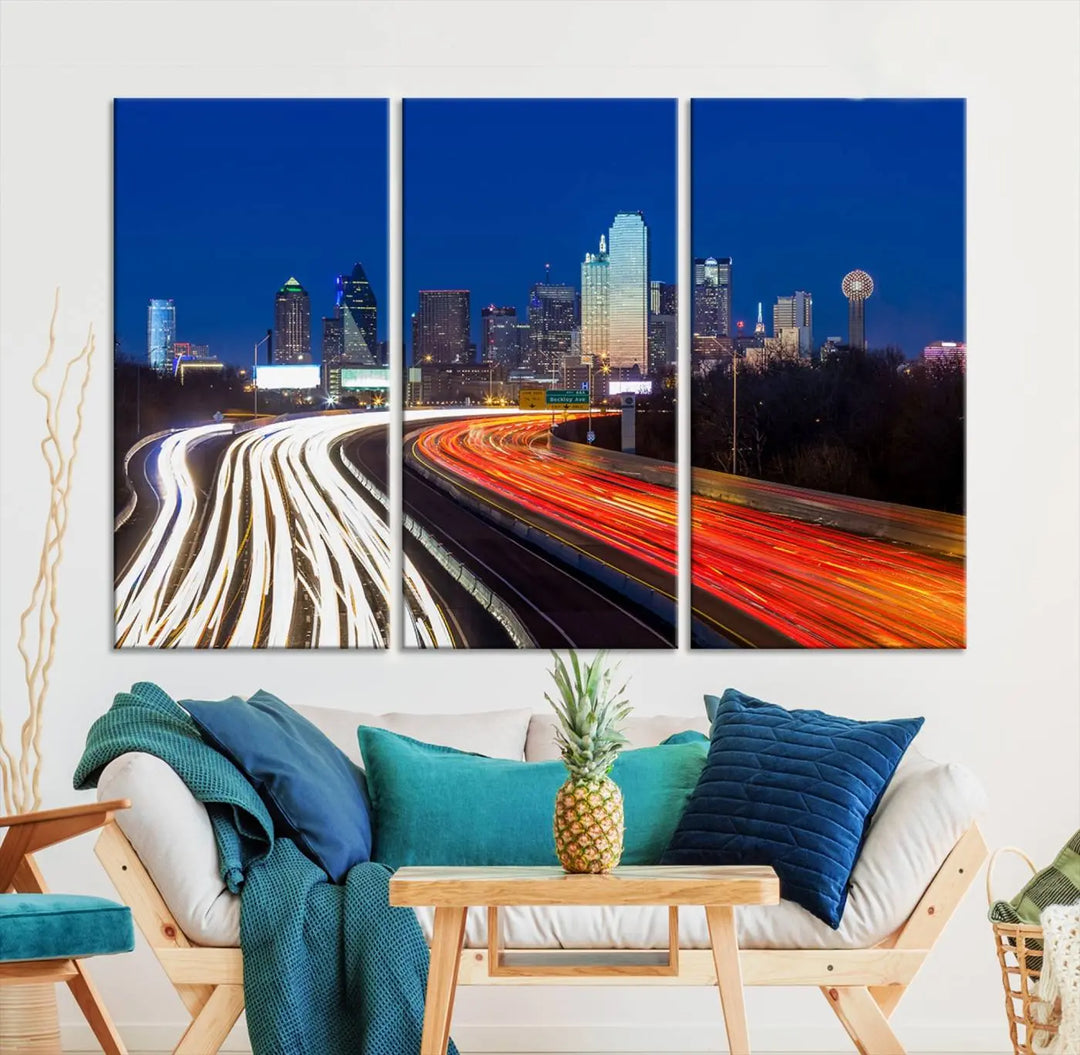 Product Name: Dallas City Street Lights Night Skyline Cityscape View Wall Art Canvas Print

Description: Immerse yourself in the vibrant cityscape of Dallas with this three-panel wall art, showcasing the nighttime skyline and car light trails on a highway. Crafted on museum-quality canvas with an exquisite UV-protective coating, this piece comes ready to hang.