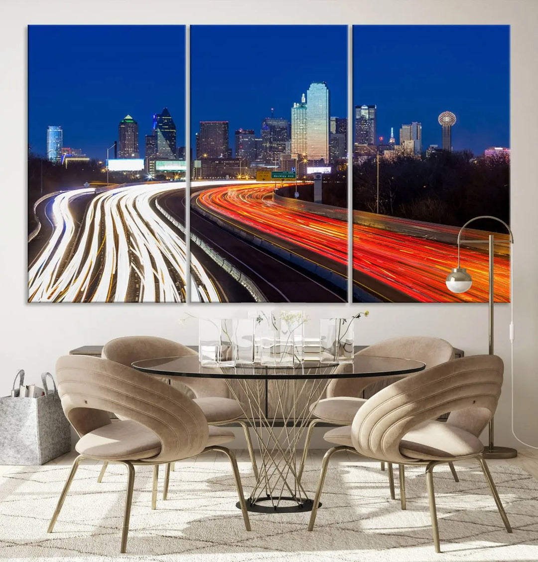 Product Name: Dallas City Street Lights Night Skyline Cityscape View Wall Art Canvas Print

Description: Immerse yourself in the vibrant cityscape of Dallas with this three-panel wall art, showcasing the nighttime skyline and car light trails on a highway. Crafted on museum-quality canvas with an exquisite UV-protective coating, this piece comes ready to hang.