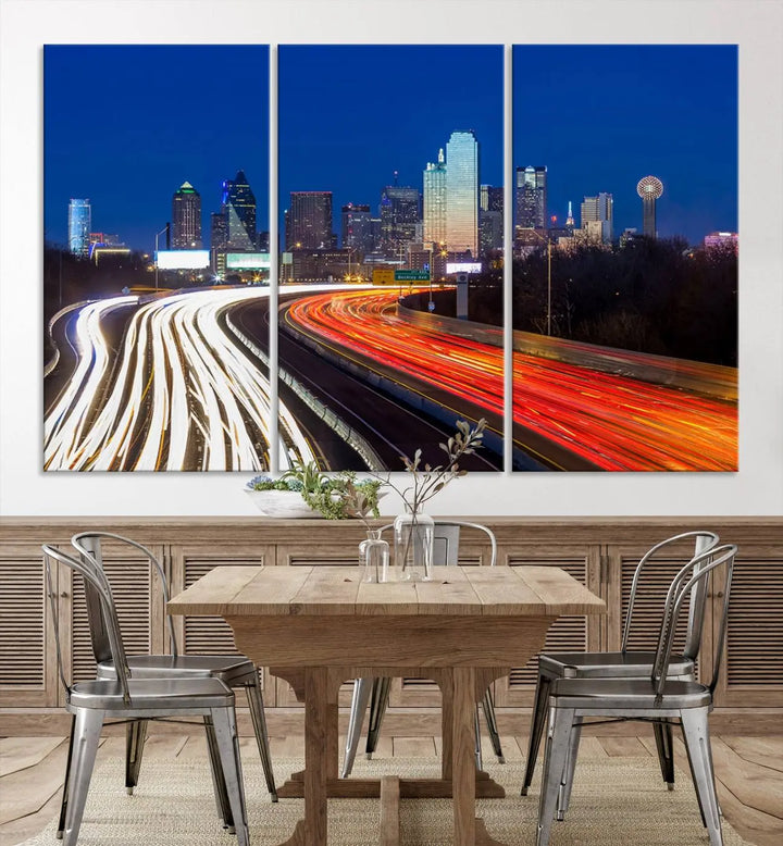 Product Name: Dallas City Street Lights Night Skyline Cityscape View Wall Art Canvas Print

Description: Immerse yourself in the vibrant cityscape of Dallas with this three-panel wall art, showcasing the nighttime skyline and car light trails on a highway. Crafted on museum-quality canvas with an exquisite UV-protective coating, this piece comes ready to hang.