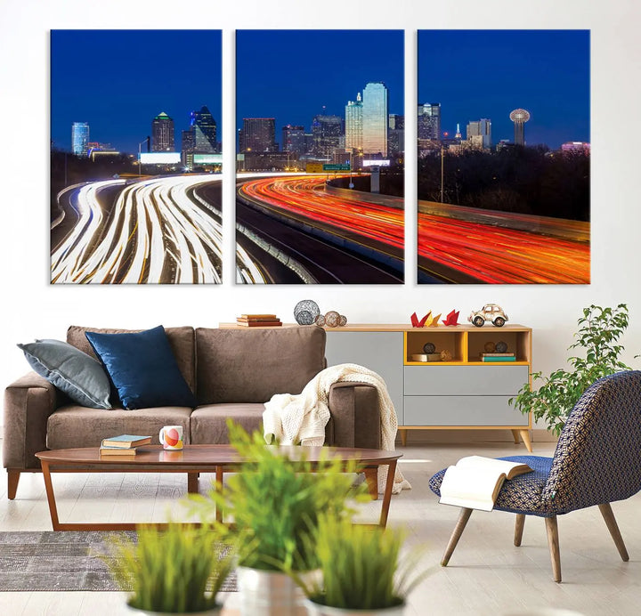 Product Name: Dallas City Street Lights Night Skyline Cityscape View Wall Art Canvas Print

Description: Immerse yourself in the vibrant cityscape of Dallas with this three-panel wall art, showcasing the nighttime skyline and car light trails on a highway. Crafted on museum-quality canvas with an exquisite UV-protective coating, this piece comes ready to hang.