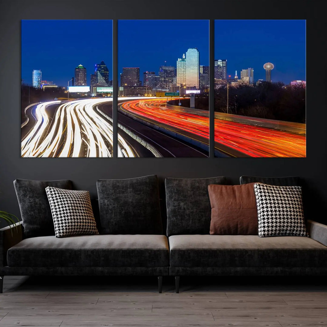 Product Name: Dallas City Street Lights Night Skyline Cityscape View Wall Art Canvas Print

Description: Immerse yourself in the vibrant cityscape of Dallas with this three-panel wall art, showcasing the nighttime skyline and car light trails on a highway. Crafted on museum-quality canvas with an exquisite UV-protective coating, this piece comes ready to hang.