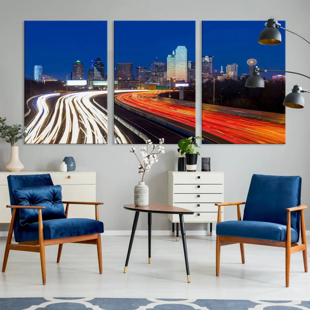 Product Name: Dallas City Street Lights Night Skyline Cityscape View Wall Art Canvas Print

Description: Immerse yourself in the vibrant cityscape of Dallas with this three-panel wall art, showcasing the nighttime skyline and car light trails on a highway. Crafted on museum-quality canvas with an exquisite UV-protective coating, this piece comes ready to hang.