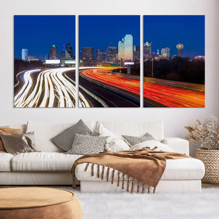 Product Name: Dallas City Street Lights Night Skyline Cityscape View Wall Art Canvas Print

Description: Immerse yourself in the vibrant cityscape of Dallas with this three-panel wall art, showcasing the nighttime skyline and car light trails on a highway. Crafted on museum-quality canvas with an exquisite UV-protective coating, this piece comes ready to hang.