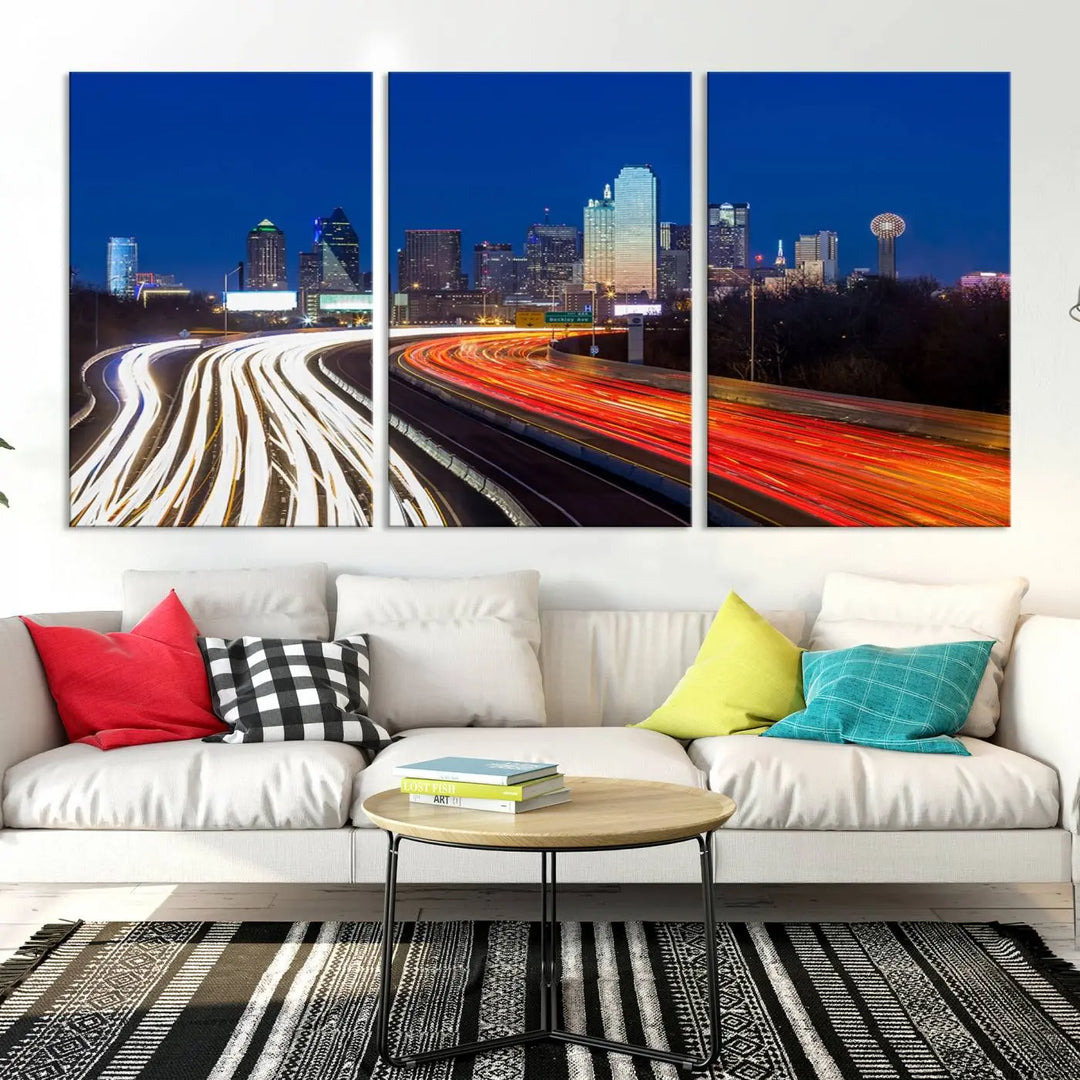 Product Name: Dallas City Street Lights Night Skyline Cityscape View Wall Art Canvas Print

Description: Immerse yourself in the vibrant cityscape of Dallas with this three-panel wall art, showcasing the nighttime skyline and car light trails on a highway. Crafted on museum-quality canvas with an exquisite UV-protective coating, this piece comes ready to hang.