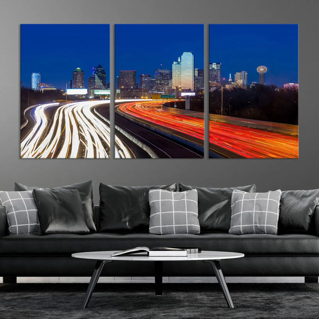 Product Name: Dallas City Street Lights Night Skyline Cityscape View Wall Art Canvas Print

Description: Immerse yourself in the vibrant cityscape of Dallas with this three-panel wall art, showcasing the nighttime skyline and car light trails on a highway. Crafted on museum-quality canvas with an exquisite UV-protective coating, this piece comes ready to hang.