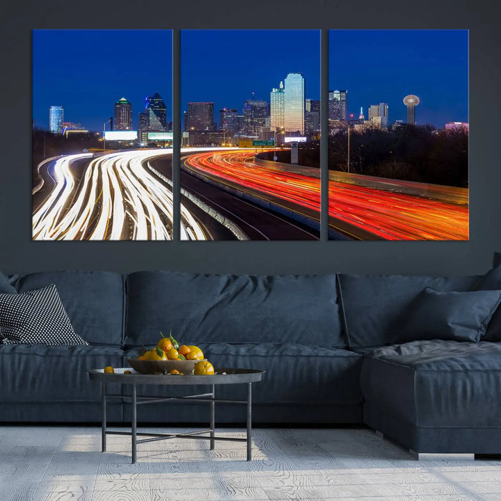 Product Name: Dallas City Street Lights Night Skyline Cityscape View Wall Art Canvas Print

Description: Immerse yourself in the vibrant cityscape of Dallas with this three-panel wall art, showcasing the nighttime skyline and car light trails on a highway. Crafted on museum-quality canvas with an exquisite UV-protective coating, this piece comes ready to hang.