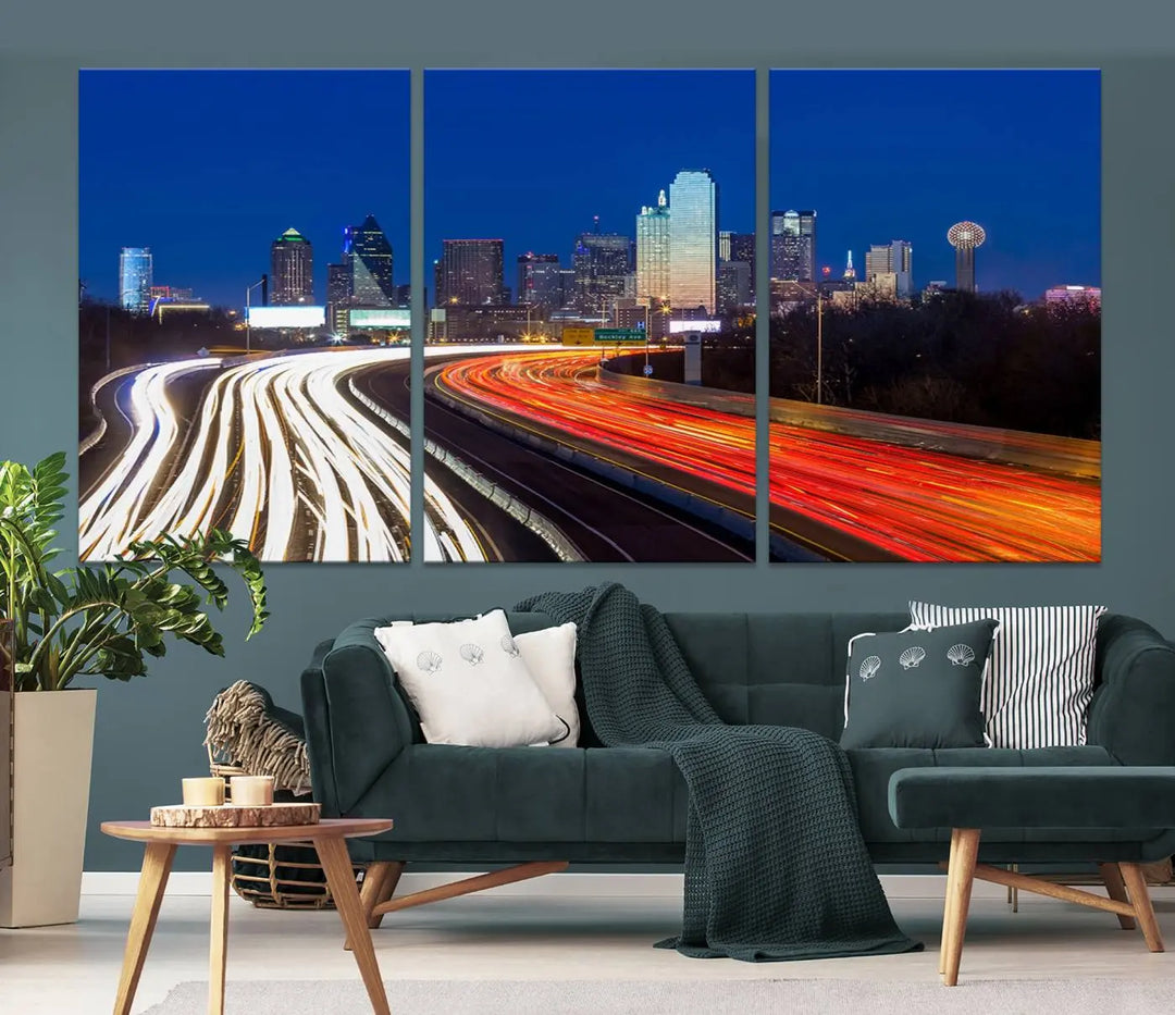 Product Name: Dallas City Street Lights Night Skyline Cityscape View Wall Art Canvas Print

Description: Immerse yourself in the vibrant cityscape of Dallas with this three-panel wall art, showcasing the nighttime skyline and car light trails on a highway. Crafted on museum-quality canvas with an exquisite UV-protective coating, this piece comes ready to hang.