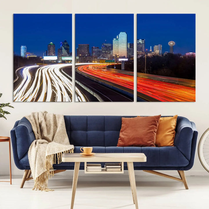 Product Name: Dallas City Street Lights Night Skyline Cityscape View Wall Art Canvas Print

Description: Immerse yourself in the vibrant cityscape of Dallas with this three-panel wall art, showcasing the nighttime skyline and car light trails on a highway. Crafted on museum-quality canvas with an exquisite UV-protective coating, this piece comes ready to hang.