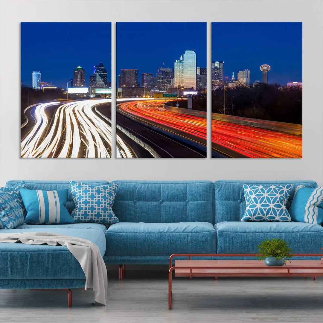 Product Name: Dallas City Street Lights Night Skyline Cityscape View Wall Art Canvas Print

Description: Immerse yourself in the vibrant cityscape of Dallas with this three-panel wall art, showcasing the nighttime skyline and car light trails on a highway. Crafted on museum-quality canvas with an exquisite UV-protective coating, this piece comes ready to hang.