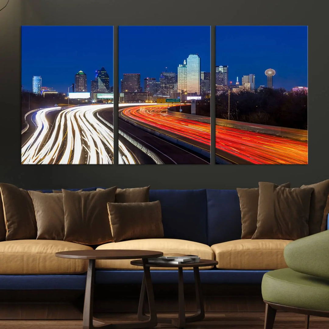 Product Name: Dallas City Street Lights Night Skyline Cityscape View Wall Art Canvas Print

Description: Immerse yourself in the vibrant cityscape of Dallas with this three-panel wall art, showcasing the nighttime skyline and car light trails on a highway. Crafted on museum-quality canvas with an exquisite UV-protective coating, this piece comes ready to hang.