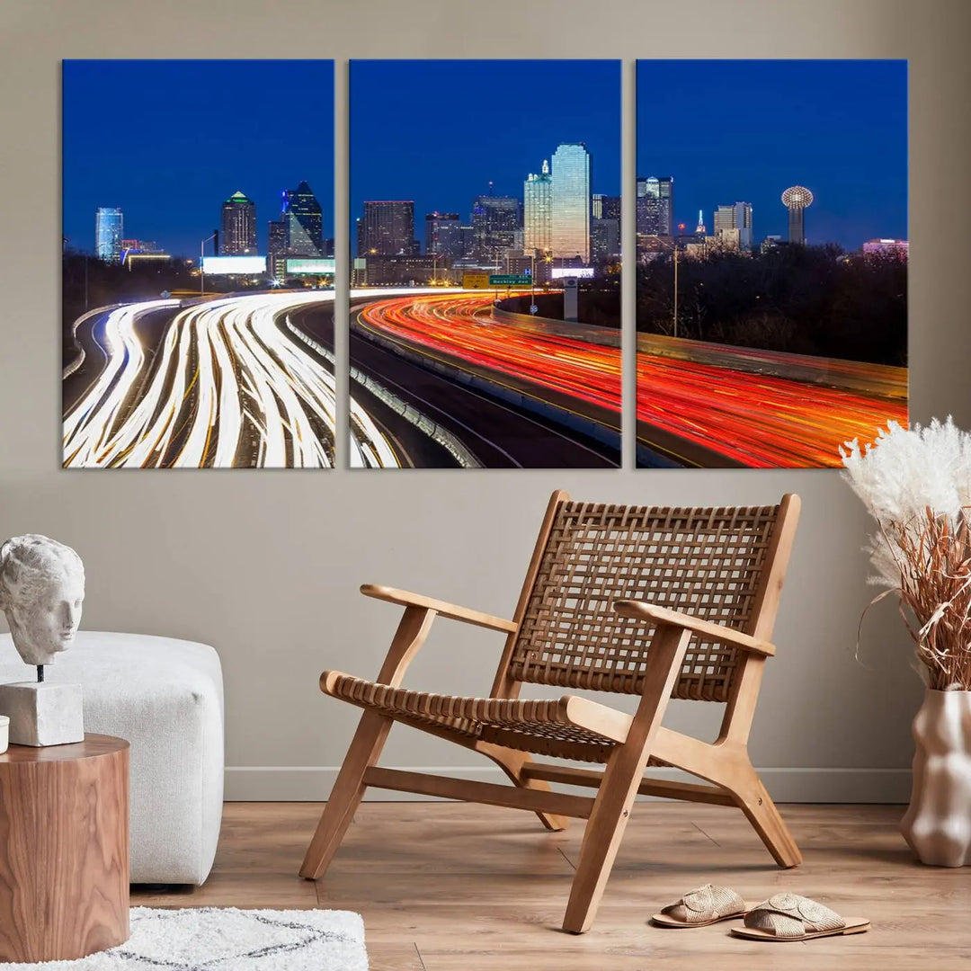 Product Name: Dallas City Street Lights Night Skyline Cityscape View Wall Art Canvas Print

Description: Immerse yourself in the vibrant cityscape of Dallas with this three-panel wall art, showcasing the nighttime skyline and car light trails on a highway. Crafted on museum-quality canvas with an exquisite UV-protective coating, this piece comes ready to hang.