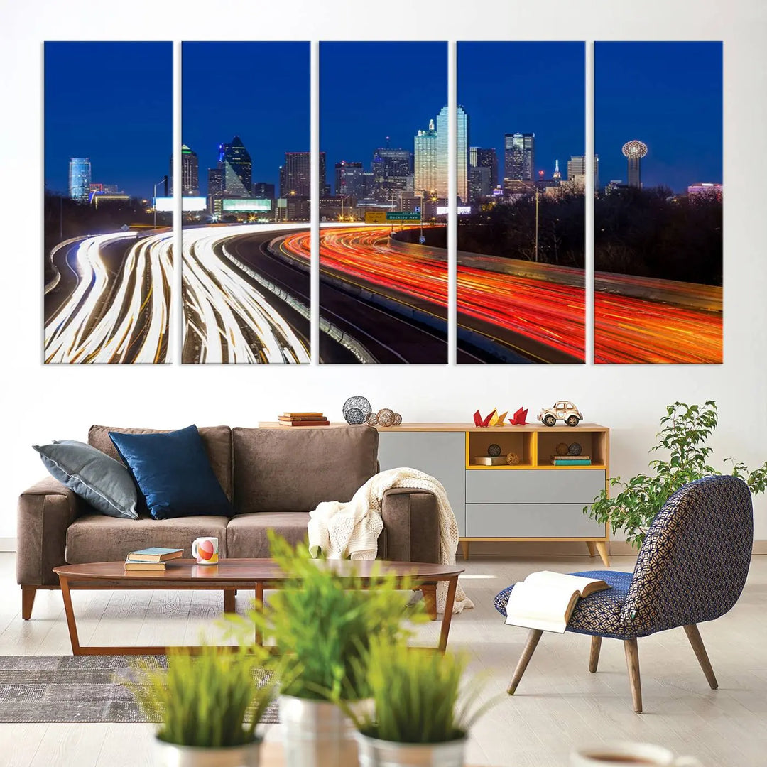 Product Name: Dallas City Street Lights Night Skyline Cityscape View Wall Art Canvas Print

Description: Immerse yourself in the vibrant cityscape of Dallas with this three-panel wall art, showcasing the nighttime skyline and car light trails on a highway. Crafted on museum-quality canvas with an exquisite UV-protective coating, this piece comes ready to hang.