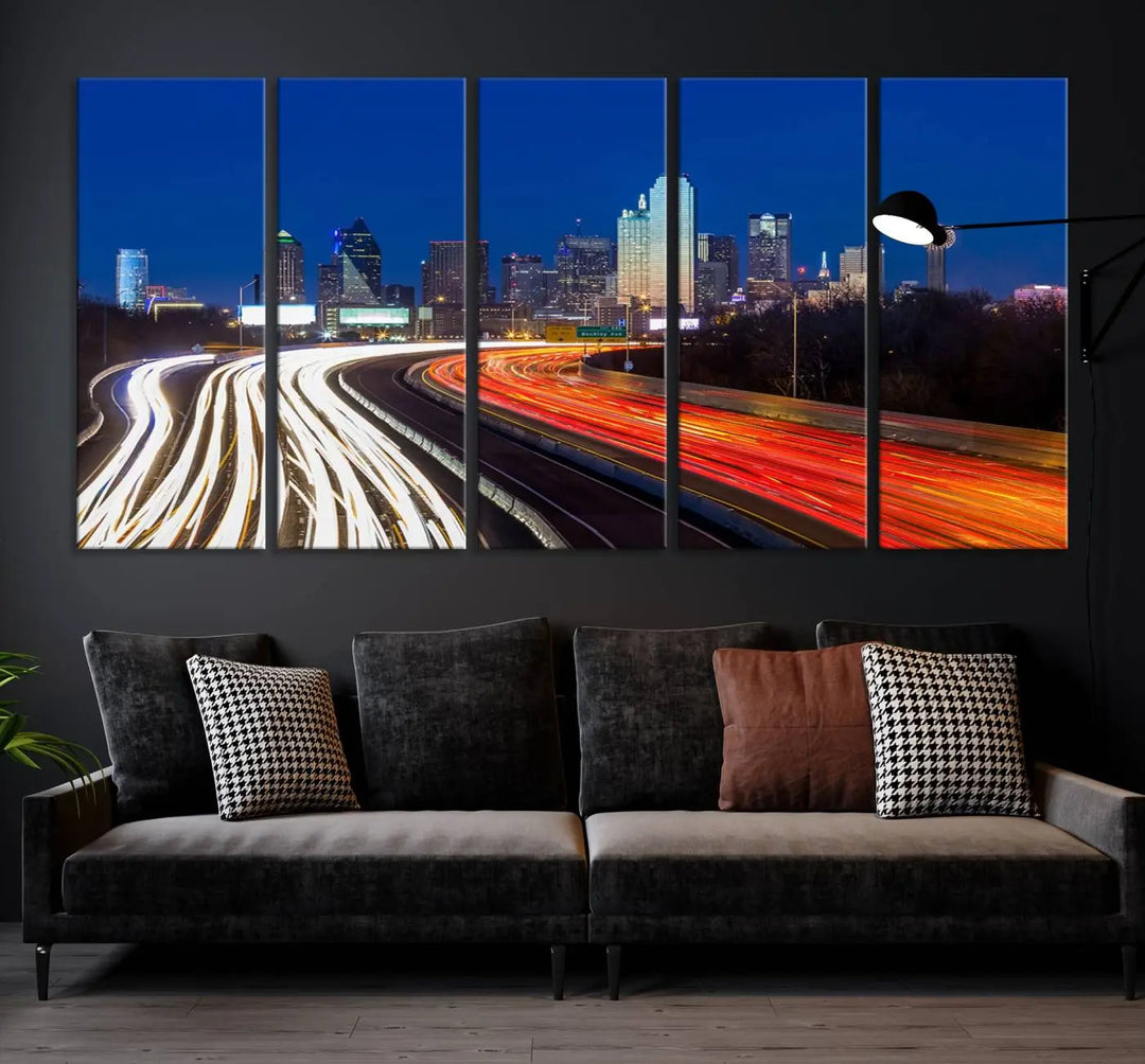 Product Name: Dallas City Street Lights Night Skyline Cityscape View Wall Art Canvas Print

Description: Immerse yourself in the vibrant cityscape of Dallas with this three-panel wall art, showcasing the nighttime skyline and car light trails on a highway. Crafted on museum-quality canvas with an exquisite UV-protective coating, this piece comes ready to hang.