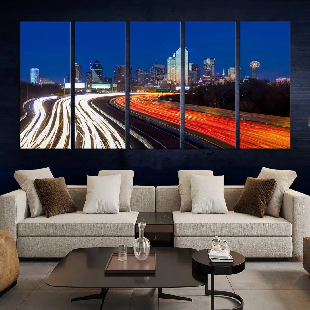 Product Name: Dallas City Street Lights Night Skyline Cityscape View Wall Art Canvas Print

Description: Immerse yourself in the vibrant cityscape of Dallas with this three-panel wall art, showcasing the nighttime skyline and car light trails on a highway. Crafted on museum-quality canvas with an exquisite UV-protective coating, this piece comes ready to hang.